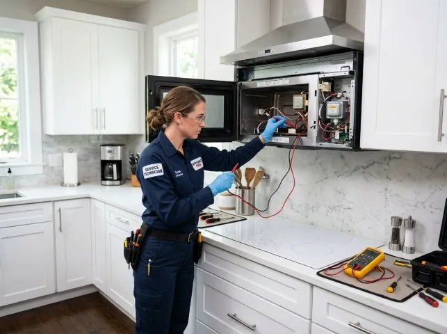 Appliance Repair Hero technician testing an over-the-range microwave in a Belen, NM kitchen